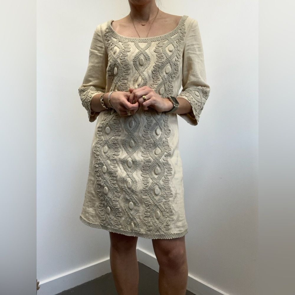 Anthropologie ECI New York 100% Linen Soutache Embroidered Shift Dress Size 2